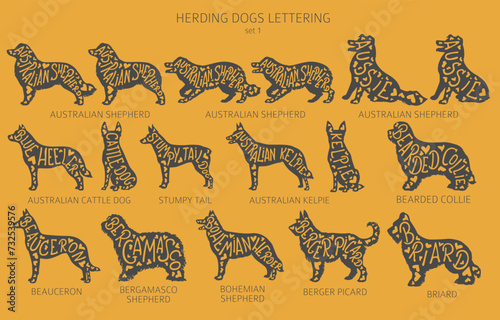 Dog breeds silhouettes with lettering, simple style clipart. Herding dogs, sheepdog, shepherds collection