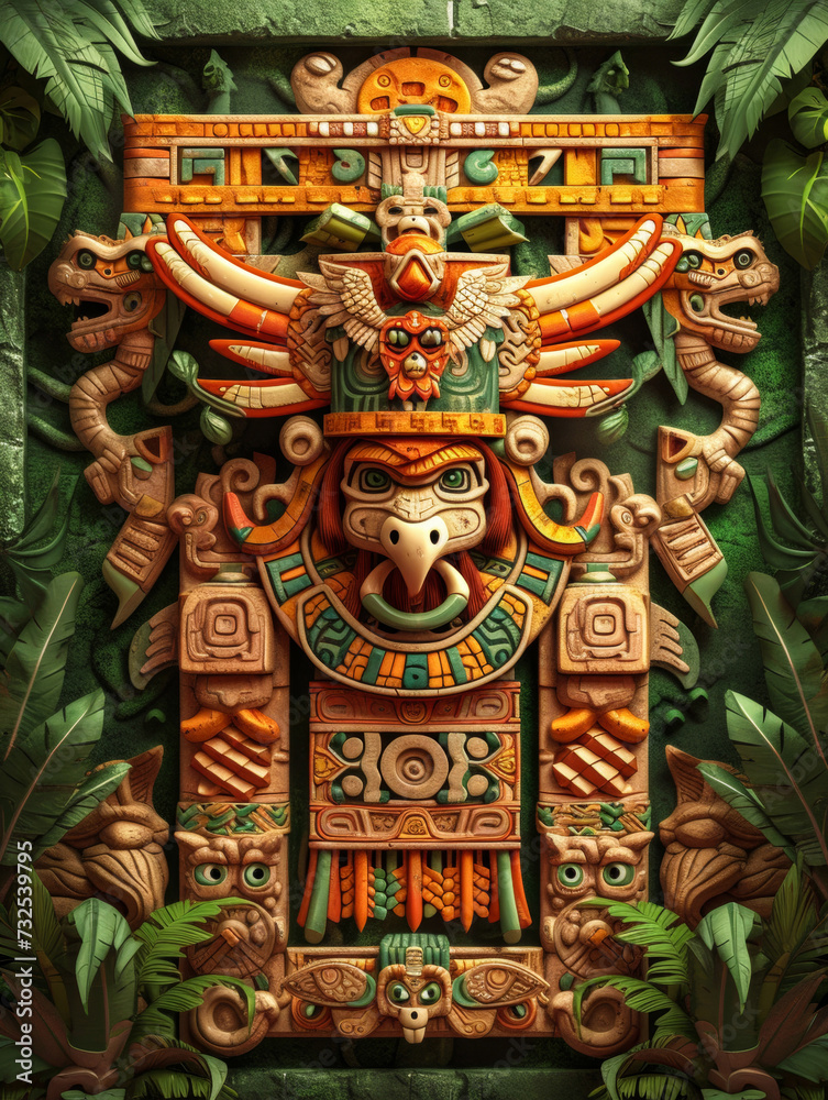 Obraz premium Mysterious Aztec Stone Carving Surrounded by Jungle Foliage