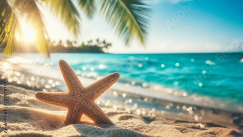 Fototapeta Naklejka Na Ścianę i Meble -  Starfish on the beach with palm leaves and sea background. Summer vacation concept