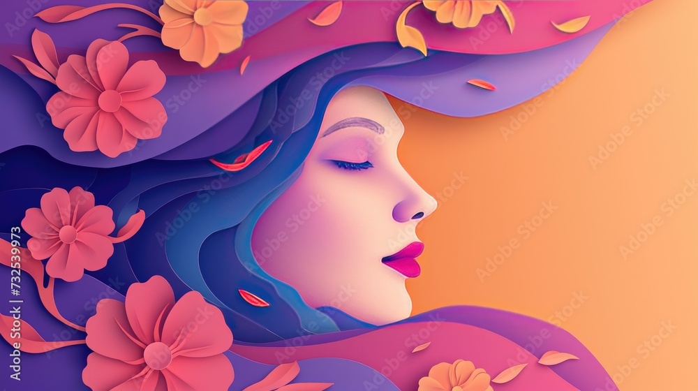 Picturesque paper cutout of woman's face and floral motifs for international women s day