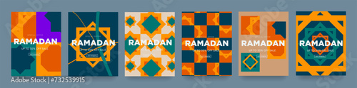 Ramadan Set with Geometric Patterns. Modern Background Concept for Advertising, Web, Poster, Social Media, Banner, Cover. 3D Sale 50% Off. Vector Illustration