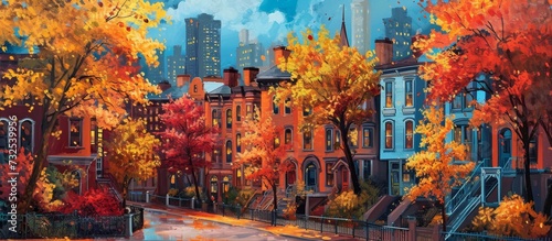 A cityscape painting with tall buildings, a mix of skyscrapers and houses, surrounded by trees, creating a natural urban landscape. © AkuAku