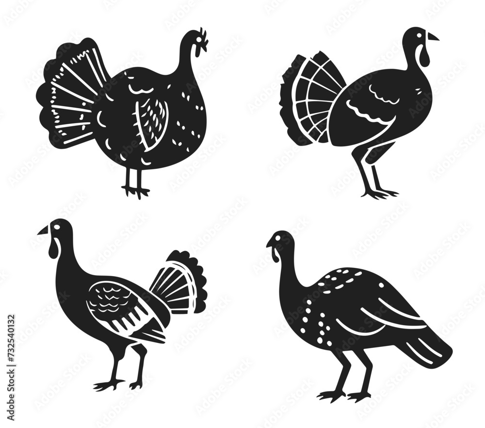 Fototapeta premium Turkey vector illustration set. Thanksgiving bird in style of hand drawn black doodle on white background. Farm animals, domestic pet silhouette sketch