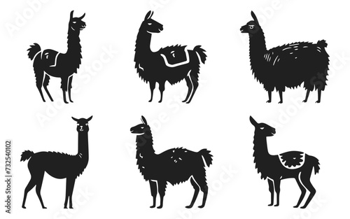 Llama vector illustration set. Cute lama, alpaca in style of hand drawn black doodle on white background. Farm animals, domestic pet silhouette sketch