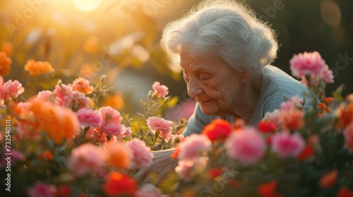 Elderly Woman Tending to a Vibrant Flower Garden at Sunset