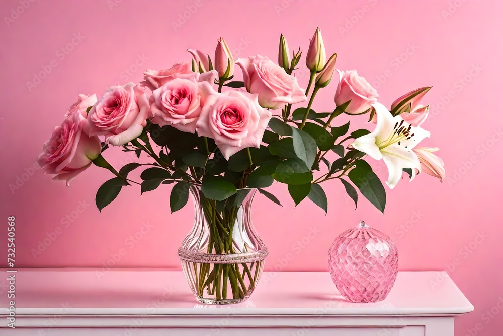 Pink Rose & Lily Bouquet in a light pink crystal vase Pink Rose & Lily Bouquet in a light pink crystal vase