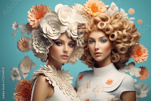 Portrait of two beautiful women with flowers in hair, Beauty, fashion, Ai Generated