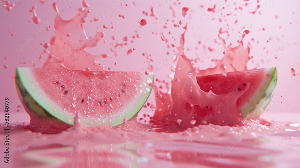 Fototapeta premium Fresh Watermelon Slices Splashing in Pink Liquid