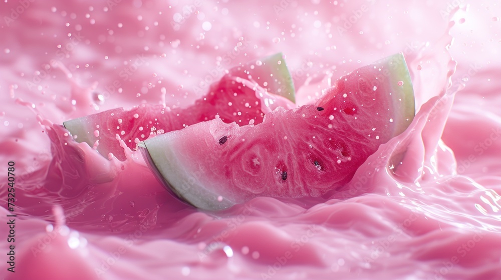 Fresh Watermelon Slices Splashing in Pink Liquid Fresh Watermelon Slices Splashing in Pink Liquid