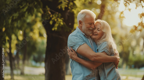 Casal de idosos se abraçando ao ar livre  photo