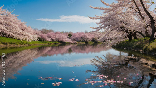Beauty of a tranquil pond surrounded by blossoming cherry trees with their delicate pink petals floating gently on the water's surface and reflecting the vibrant blue sky above © mdaktaruzzaman