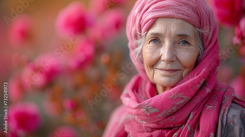 Pink Power: Aging Gracefully with a Pink Scarf and Pink Flowers Generative AI photo