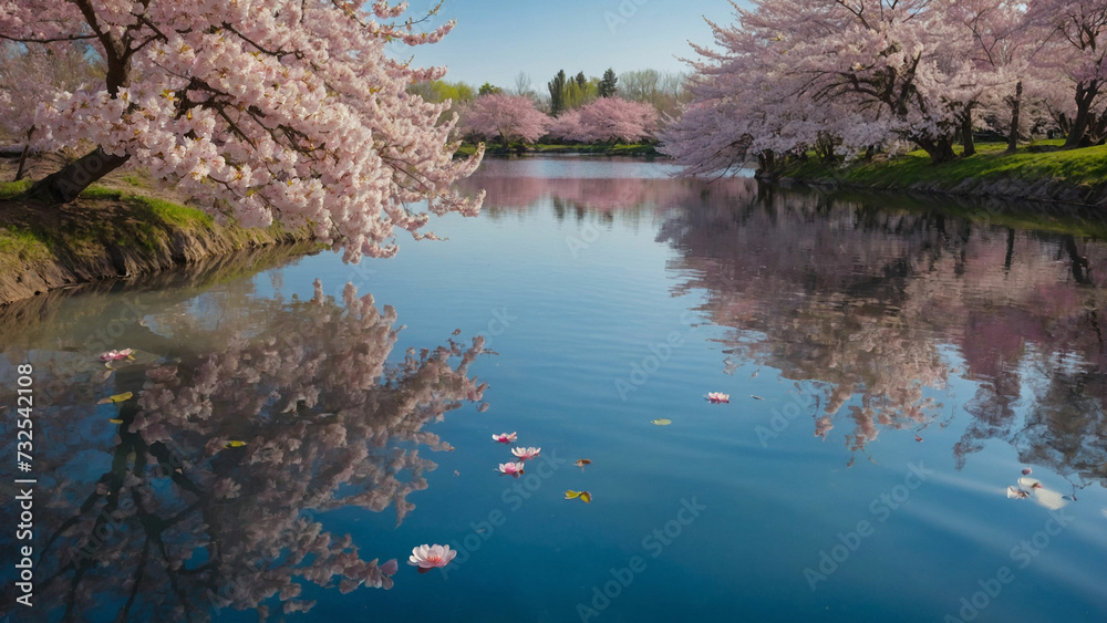 Beauty of a tranquil pond surrounded by blossoming cherry trees with their delicate pink petals floating gently on the water's surface and reflecting the vibrant blue sky above