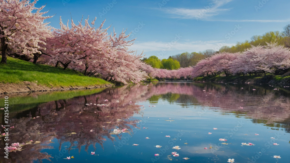 Beauty of a tranquil pond surrounded by blossoming cherry trees with their delicate pink petals floating gently on the water's surface and reflecting the vibrant blue sky above Beauty of a tranquil pond surrounded by blossoming cherry trees with their delicate pink petals floating gently on the water's surface and reflecting the vibrant blue sky above