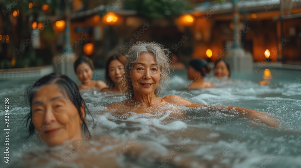 older women in pool with exercise equipment, in the style of joyful celebration of nature, wimmelbilder