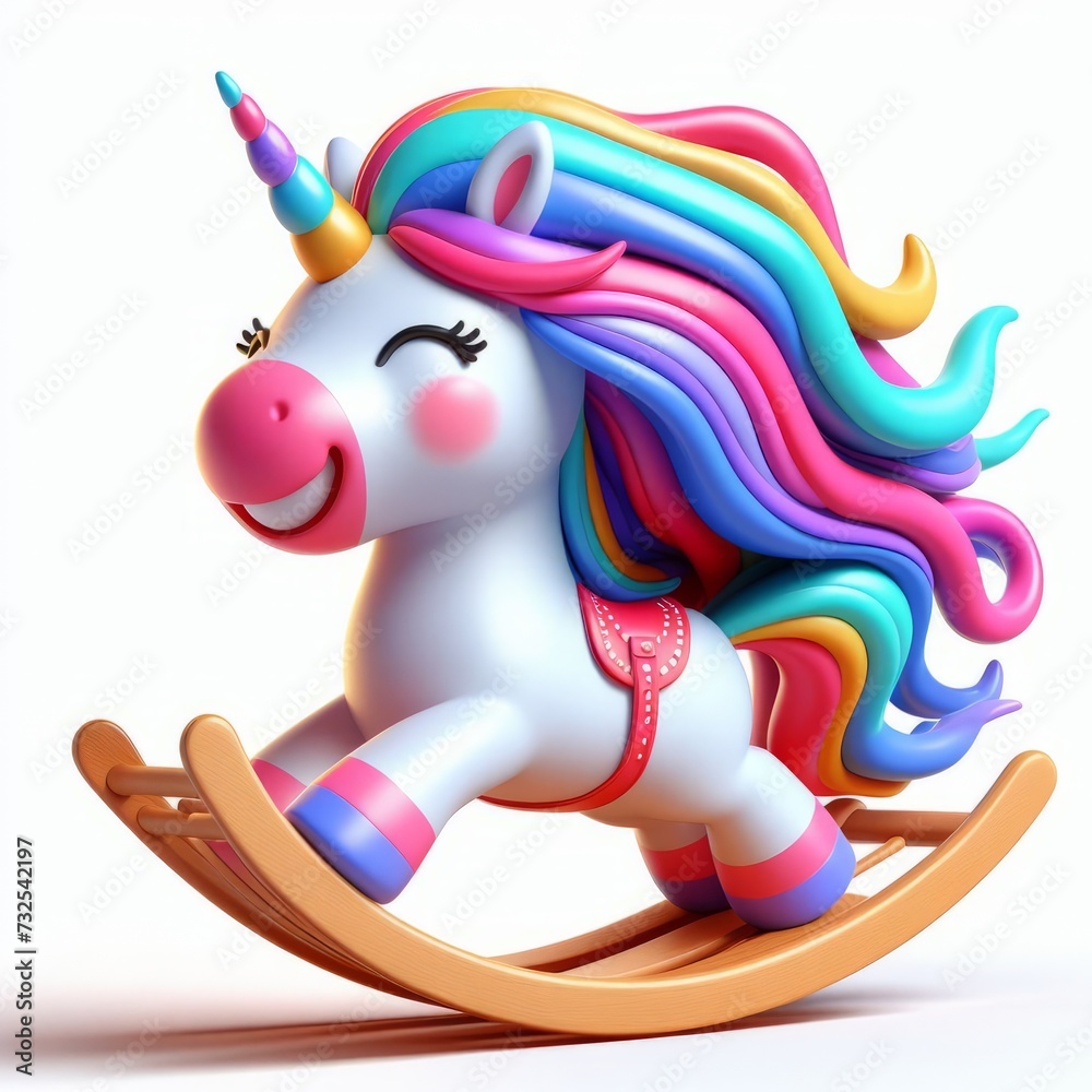 Unicorn on wooden rocking horse isolated on white background. 3d illustration Unicorn on wooden rocking horse isolated on white background. 3d illustration