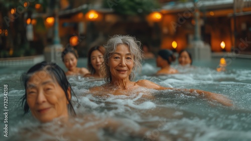 older women in pool with exercise equipment  in the style of joyful celebration of nature  wimmelbilder