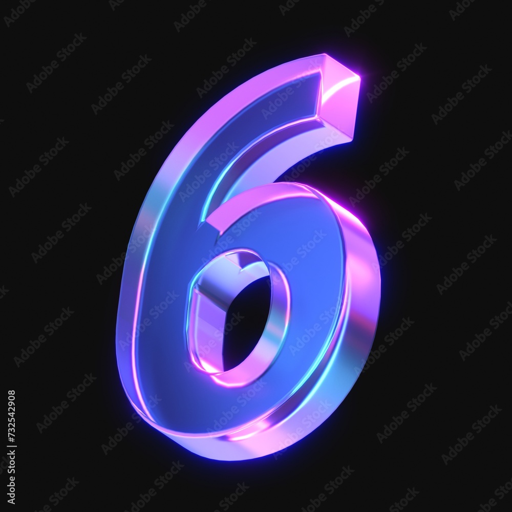 Obraz premium 3d rendering of glowing number 6 in the dark. number six sign with neon retro light. 3d illustration with glass gradient material