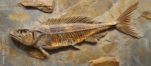 A fossil fish with tail and fin was found on a rock  shedding light on ancient aquatic life through scientific discovery.