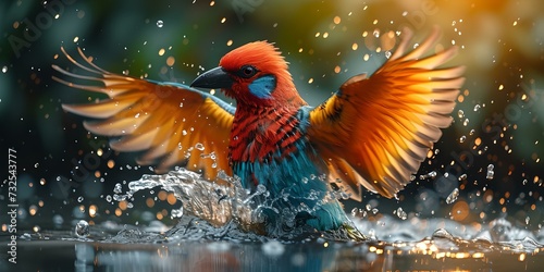 Beautiful ai-rendered bird takes flight amidst sparkling water. vibrant colors capture nature's beauty in dramatic lighting. perfect for design and art projects. AI © Irina Ukrainets