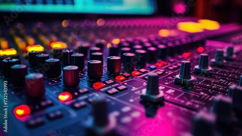 Mixer control. Music engineer. Backstage controls on an audio mixer, Sound mixer. Professional audio mixing console with lights, buttons, faders and sliders