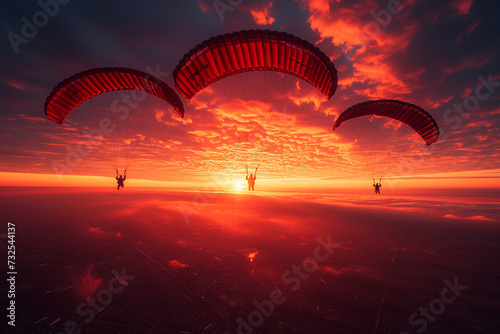Skydivers silhouetted against a stunning sunset create a dramatic and colorful backdrop.