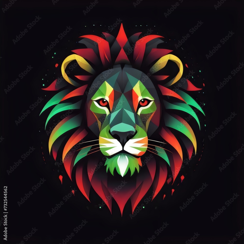 A minimalist logo of a geometric lion with red and green neon colors.