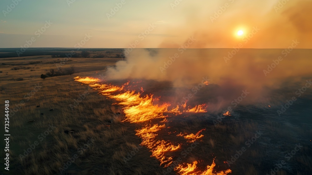 Sweeping wildfire across open fields at sunset. intense flames and smoke captured in nature's powerful scene. environmental concerns visualized. AI Sweeping wildfire across open fields at sunset. intense flames and smoke captured in nature's powerful scene. environmental concerns visualized. AI