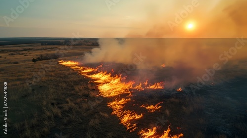 Sweeping wildfire across open fields at sunset. intense flames and smoke captured in nature's powerful scene. environmental concerns visualized. AI