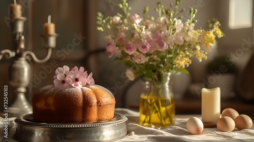 Cozy homemade cake on a silver platter with spring flowers. a warm, domestic scene with natural light. perfect for culinary blogs. AI
