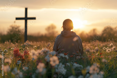 back view of woman sitting on the flowers meadow and looking on cross. Easter tranquil scene photo