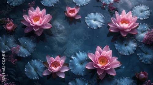 top view pink  lotus flowers in water 