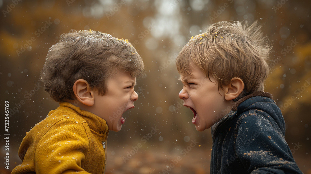 Expressive Brothers in Heated Argument Outdoors in Autumn - obrazy, fototapety, plakaty 