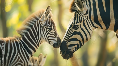 Two zebras engaging in a tender moment, captured in a warm light. perfect for nature-themed designs. AI
