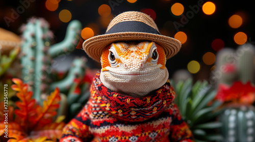 Festive Lizard in Colorful Sweater and Scarf with Holiday Decorations