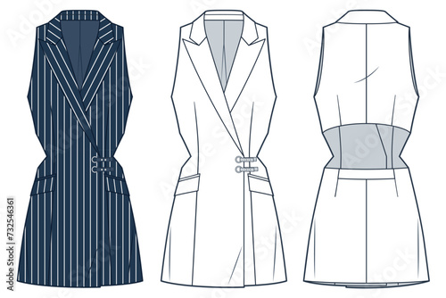 Blazer Dress technical fashion illustration, striped design. Cutout Blazer Jacket fashion flat technical drawing template, slim fit, front, back view, white, blue, women, men, unisex CAD mockup set.