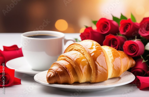 A white cup of Americano coffee on the table next to a lush crispy croissant, with rose flowers on the background. The concept of a holiday breakfast for a loved one or breakfast at the hotel.