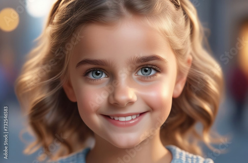 A girl with a kind look. portrait of a little blonde girl with a beautiful smile and big blue eyes	
