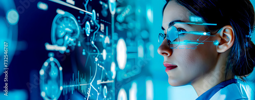 A female doctor examining an MRI scan with special glasses. Modern medicine concept.