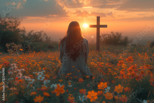 back view of woman sitting on the flowers meadow and looking on cross. Easter tranquil scene photo