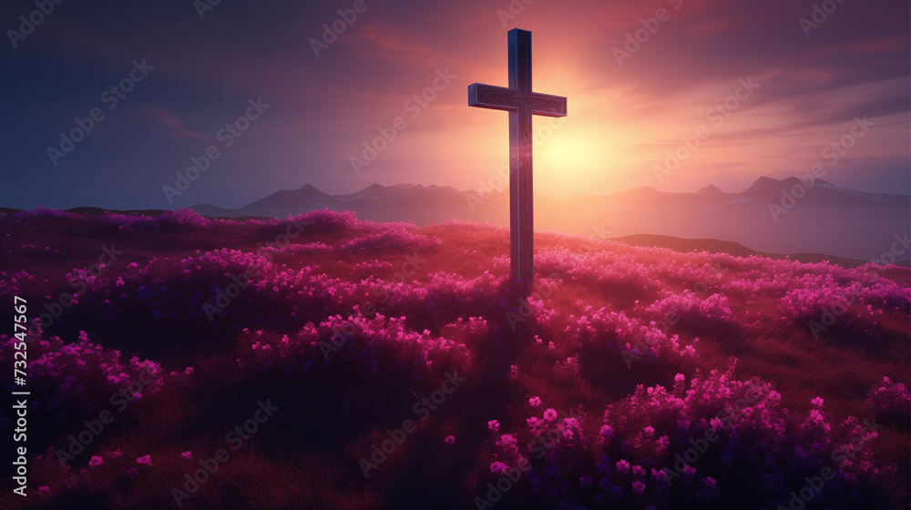 Vibrant cross amidst purple flowers, bathed in sunlight, animated with vivid hues.