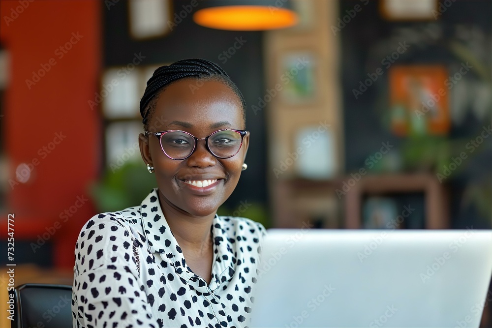 A happy African American businesswoman working with laptop in the office A happy African American businesswoman working with laptop in the office