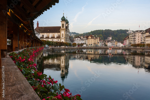 The Kapellbrücke (Chapel Bridge) on an early morning in the city of Lucerne, Switzerland.