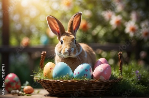 Decorated Easter eggs in a basket and a rabbit standing holding a transparent with a garden and tree background with realistic sunlight, for a greeting poster