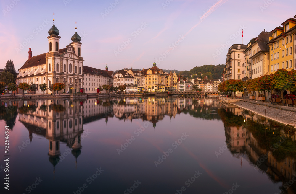 Panorama picture during a colorful morning during sunrise in the city of Lucerne, Switzerland