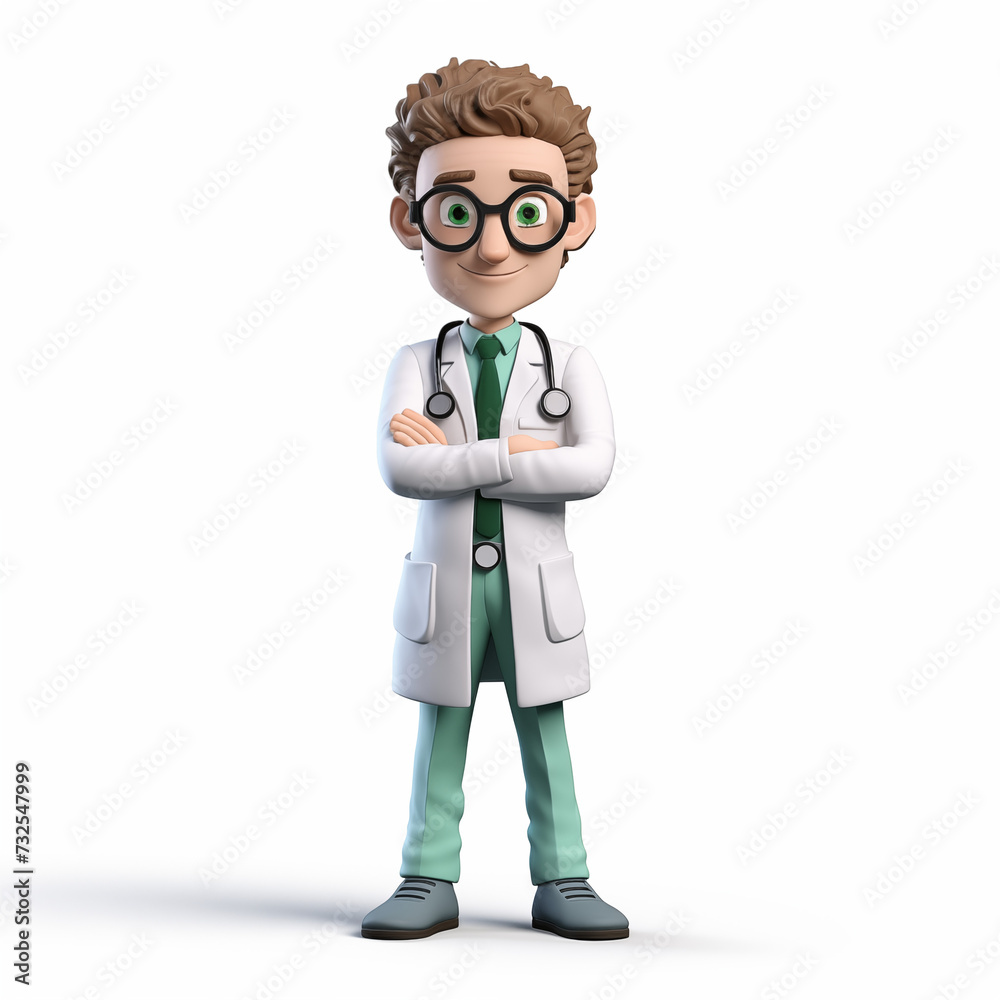 Doctor man. Male character full body in doctor uniform. 3d illustration isolated on white background.