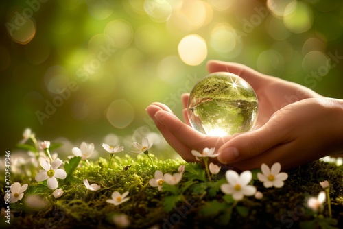 Hands cradle clear globe amidst blooming flowers, symbolizing environmental care and protection. Hands holding glass globe in nature, white flowers around, concept of sustainability and preservation.