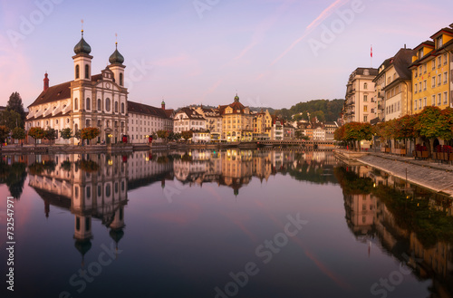 Panorama picture during a colorful morning during sunrise in the city of Lucerne  Switzerland