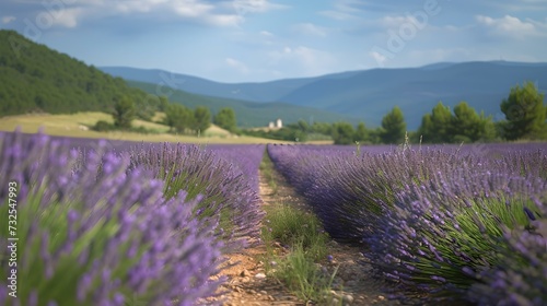 Vibrant lavender field under sunny skies: nature, serenity, and aromatherapy. a perfect scenic landscape. AI