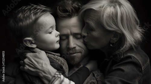 Intimate family moment captured in monochrome, emotive black and white portrait of loving parents with child. serene, timeless, full of love. AI